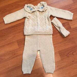 Nicole Miller Cream Knit Baby Sweater Set with Headband